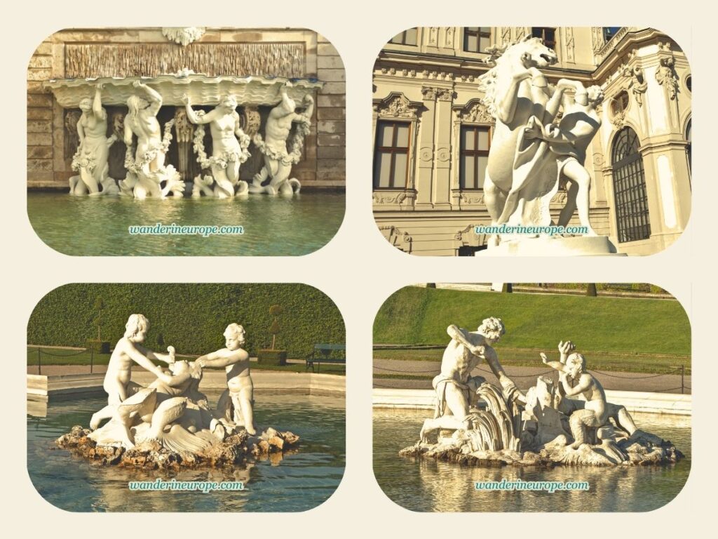 Statues and elegant fountains in the Baroque Garden of Belvedere Palace, Vienna, Austria