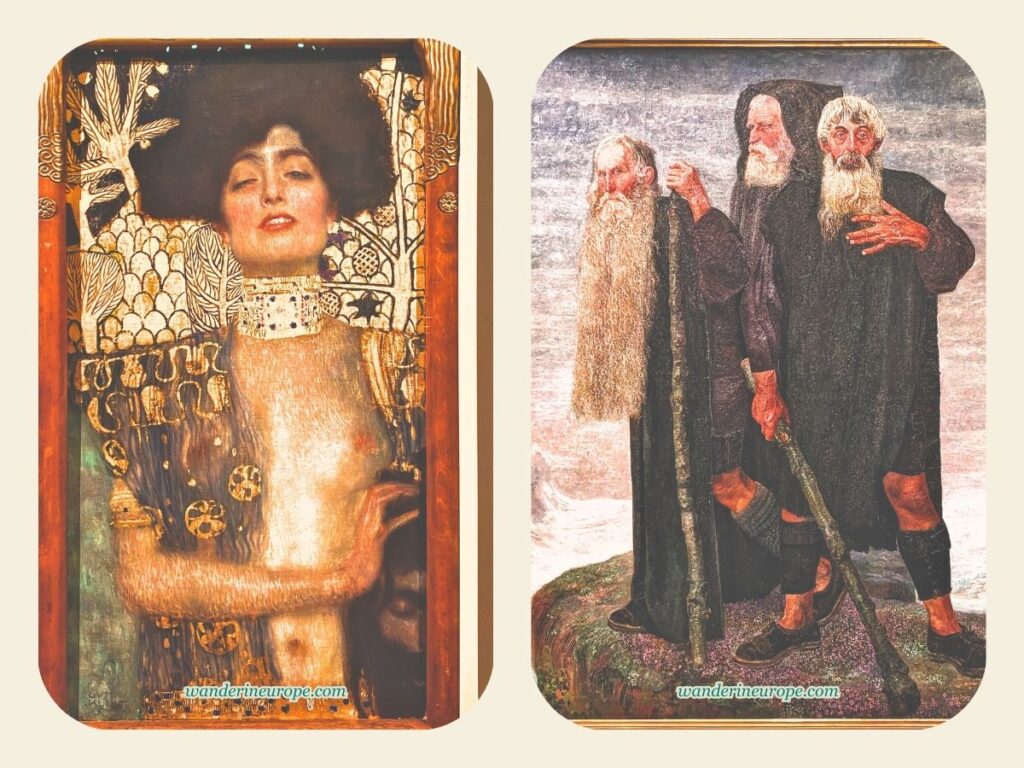 The Story of Judith in the Bible — Left, Judith by Gustav Klimt— Right, Landschaft mit Felsen by Karl Mediz — artworks in Belvedere Palace, Vienna, Austria