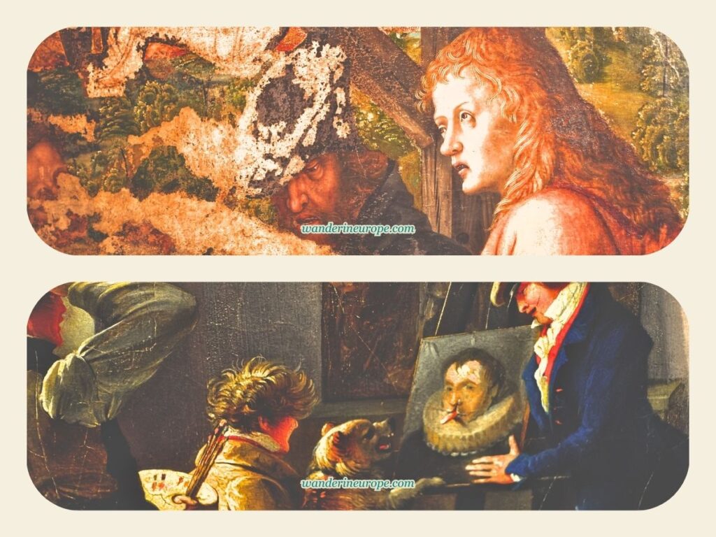 The two artworks I find funny — look at the eyes of the medieval guy and the angry dog barking at the portrait with the finger of the artist — artworks in Belvedere Palace, Vienna, Austria