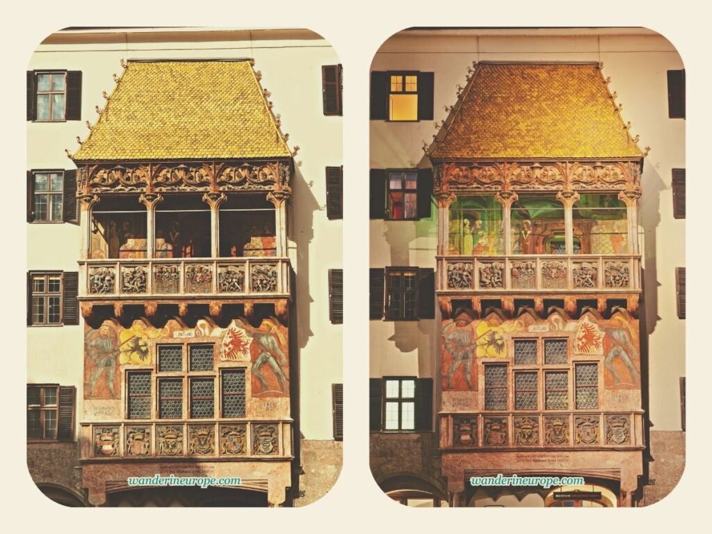 Visiting Innsbruck's Golden Roof (A Short Guide + Photos) 6 Appearance of Golden Roof (day vs night) in Innsbruck, Austria