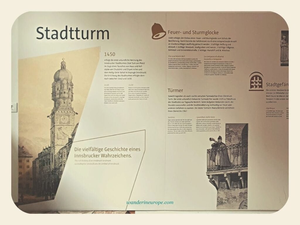 All You Need to Know Before Climbing Stadtturm in Innsbruck 11 Left side of the information board of Stadtturm in Innsbruck, Austria