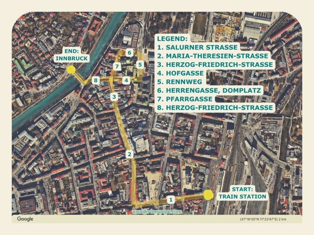 Map of Innsbruck showing the most efficient path (with streets label) for a walking tour of Old Town Innsbruck, Austria