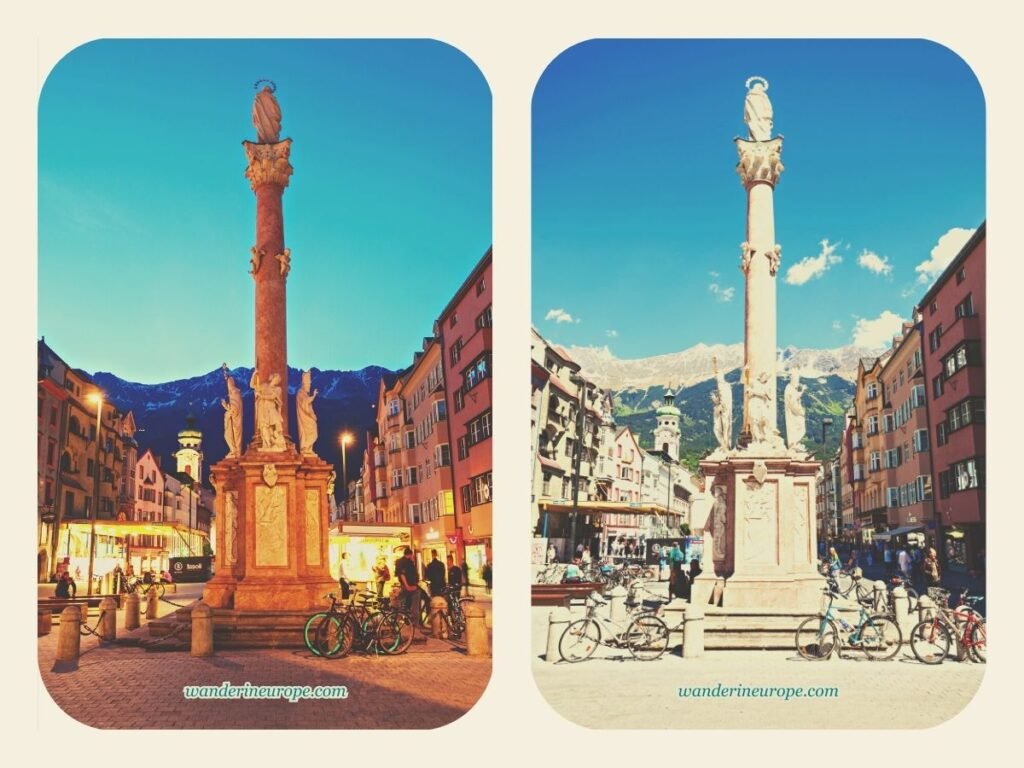 A Self Guided Tour to Old Town Innsbruck's Notable Landmarks 13 Night and day appearance of Annasaule, Old Town Innsbruck, Austria