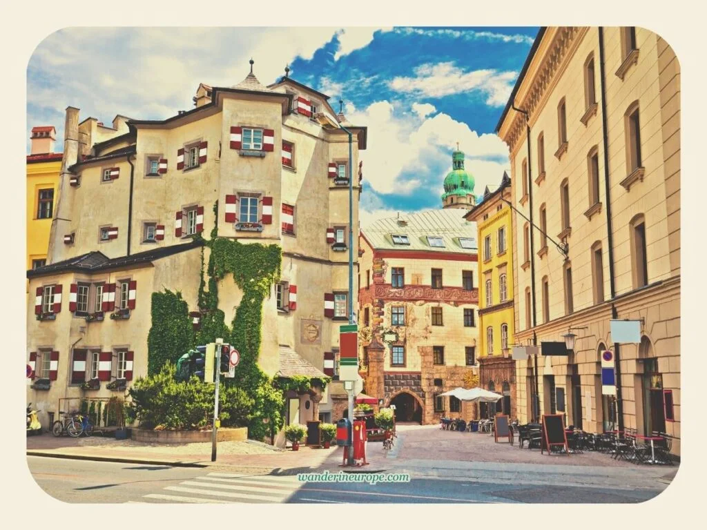 Ottoburg at the end of Herzog-Friedrich-Straße (view from the River Inn side), Old Town Innsbruck, Austria