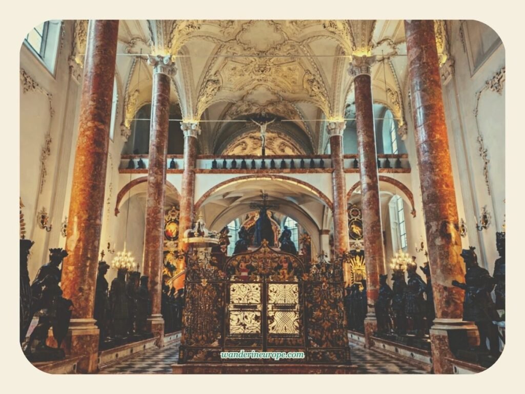 Inside Hofkirche (Court Church) — Innsbruck's Hidden Gem 9 Rear view of Maximilian I and elaborate ceiling of Court Church (Hofkirche) in Innsbruck, Austria