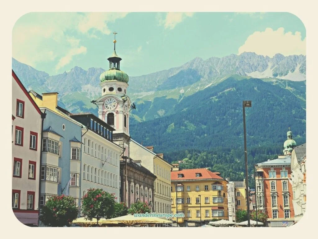 Spitalkirche and the colorful houses along Maria-Theresien-Straße, Old Town Innsbruck, Austria