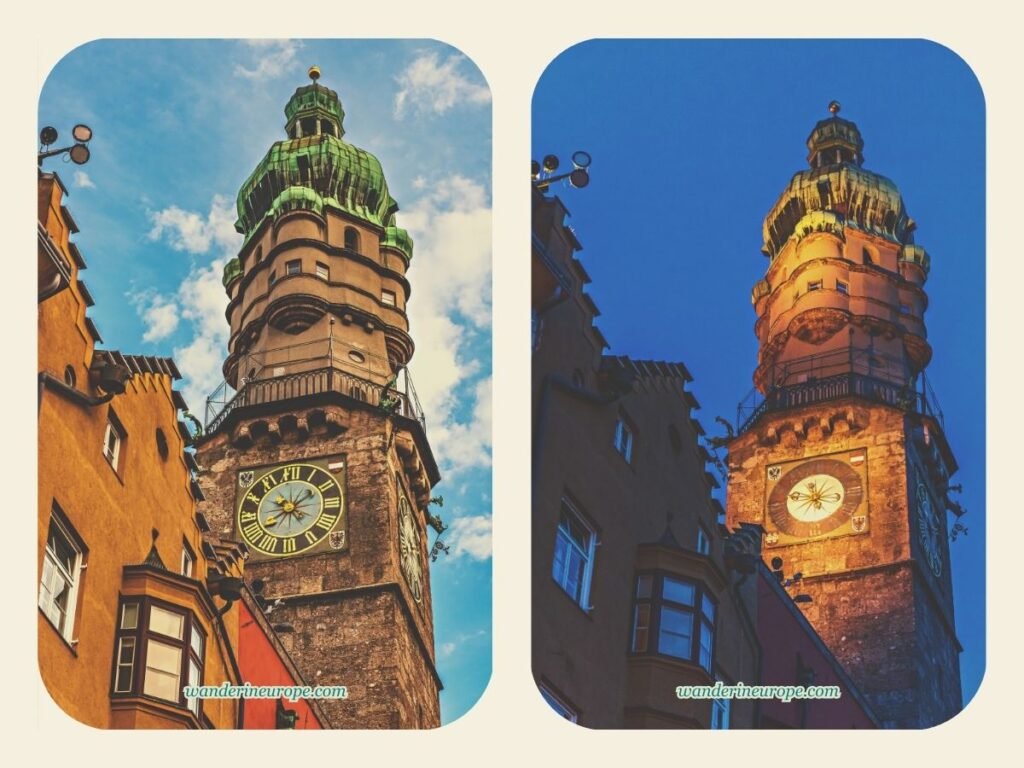 A Self Guided Tour to Old Town Innsbruck's Notable Landmarks 37 The appearance of Stadtturm day and night from Herzog-Friedrich-Straße, Old Town Innsbruck, Austria