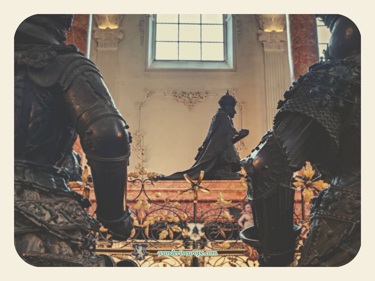 Innsbruck 43 The bronze sculpture of Maximilian I on top of his cenotaph in Court Church (Hofkirche) in Innsbruck, Austria