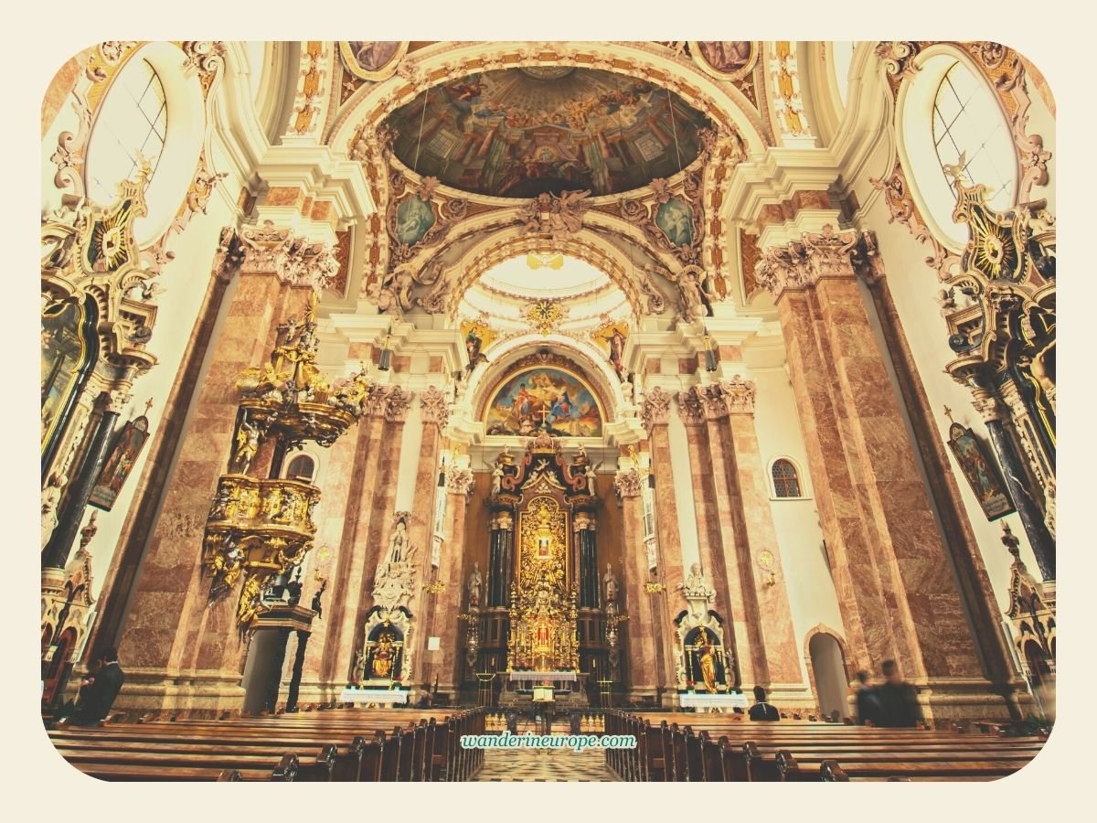 Innsbruck 37 The third dome (transept dome) with the cycle of frescoes depicting the life of Saint James in Innsbruck Cathedral, Innsbruck, Austria