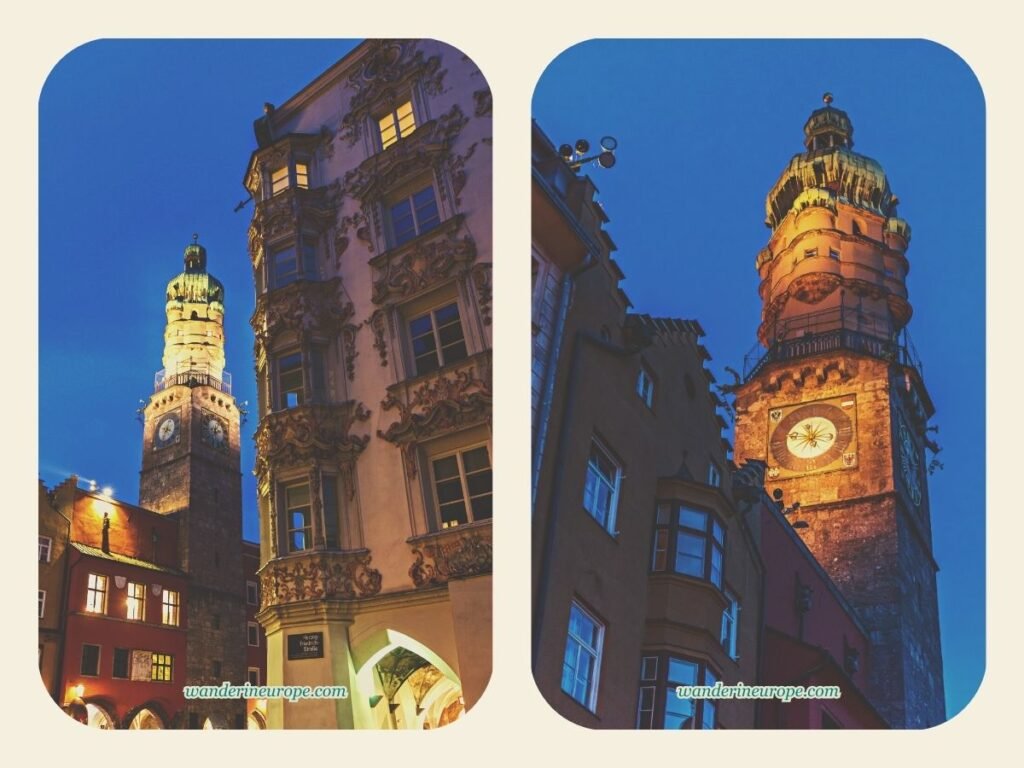 All You Need to Know Before Climbing Stadtturm in Innsbruck 5 View of Stadtturm from Herzog-Friedrich-Straße at night in Innsbruck, Austria