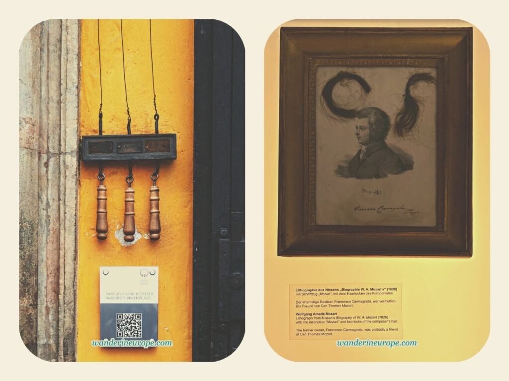 Interesting Exhibits in Mozart's Birthplace in Salzburg 4 Bell pull of Mozart's birthplace and the hair of Wolfgang Mozart, exhibited in Mozart's birthplace museum in Salzburg, Austria