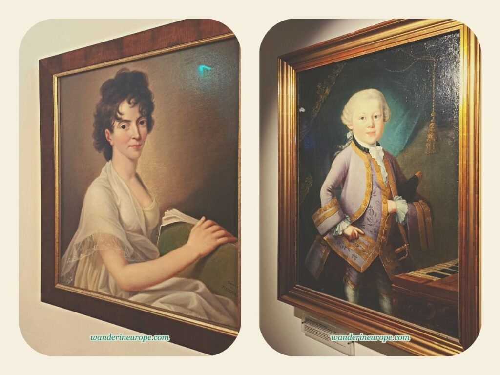 Interesting Exhibits in Mozart's Birthplace in Salzburg 8 Constanze and young Wolfgang Amadeus Mozart, paintings in Mozart's birthplace in Salzburg, Austria