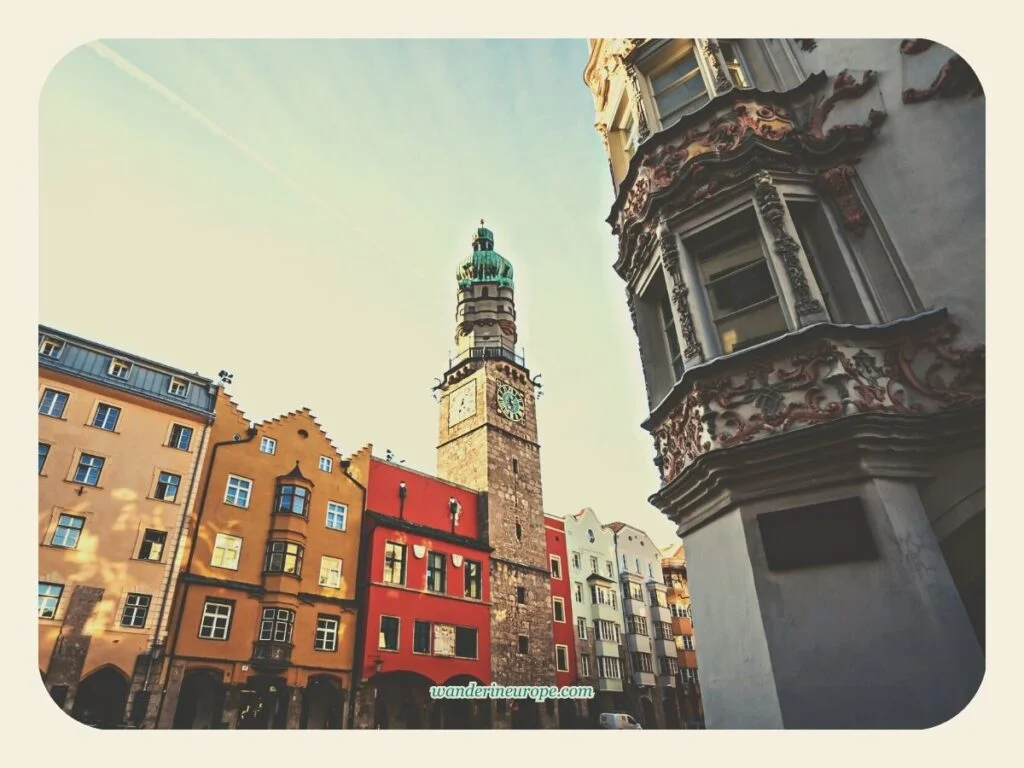 Innsbruck City Tower seen from Herzog-Friedrich-Straße, day 1 of 2-day trip to Innsbruck, Austria