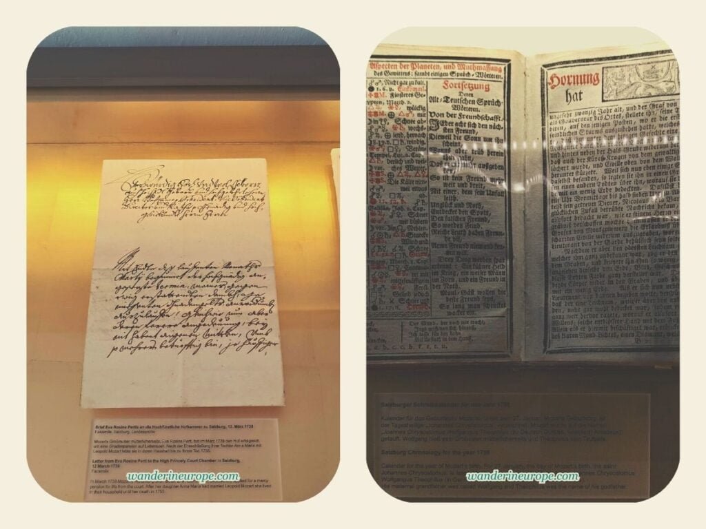 Interesting Exhibits in Mozart's Birthplace in Salzburg 6 Letter of Mozart's maternal grandmother and 1756 Salzburg Chronology, exhibits inside Mozart's birthplace in Salzburg, Austria