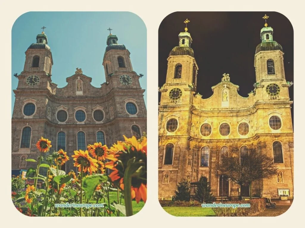 Night and day view of Cathedral of Saint James, day 1 of 2-day trip to Innsbruck, Austria