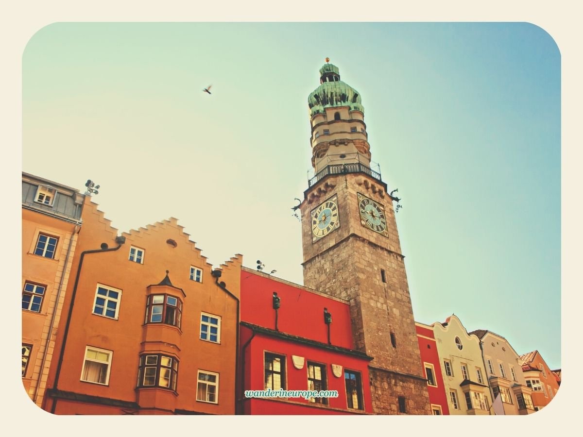 3 Different Ways to Spend 1 Day in Innsbruck Itinerary 16 Stadtturm seen from Herzog-Friedrich-Straße in Old Town Innsbruck, Austria