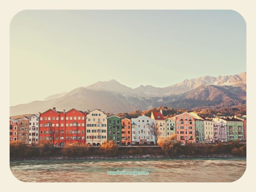 Spend 2 Days In Innsbruck, Austria (a Budget Itinerary) 27 Golden hour view of the Colorful Houses of Innsbruck from Marktplatz, a square to visit during a 2-day trip to Innsbruck, Austria