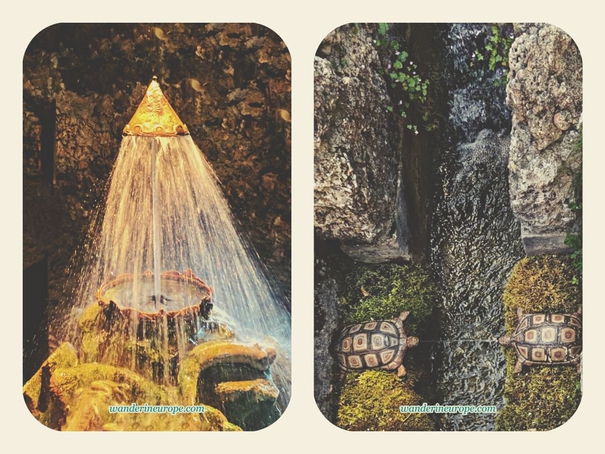 Everything You Need to Know About Visiting Hellbrunn Palace 12 A triangular crown suspended mid-air by a water jet and two turtles shooting water (mouth to mouth) at each other in Hellbrunn Palace, Salzburg, Austria