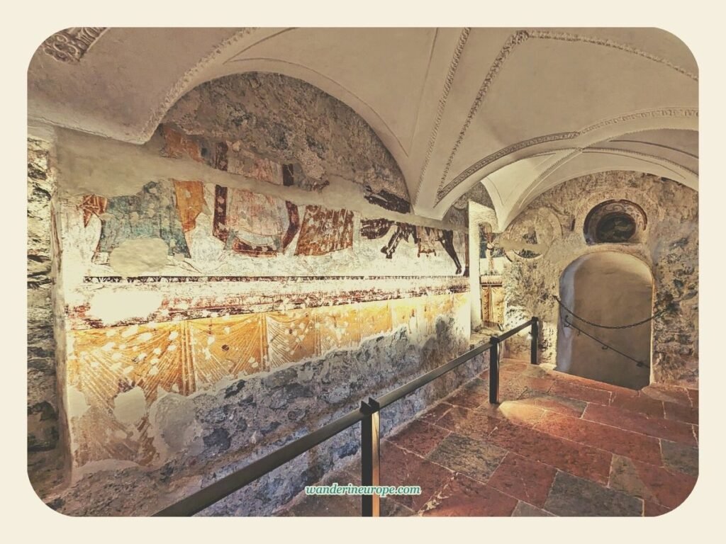 Ancient frescoes along the hallway of Hohenwerfen Fortress, Werfen, Salzburg, Austria