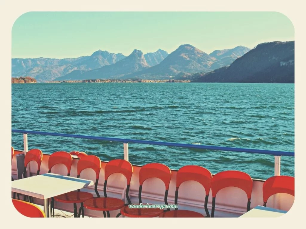 Riding a boat in Wolfgangsee from St. Gilgen, Salzburg, Austria