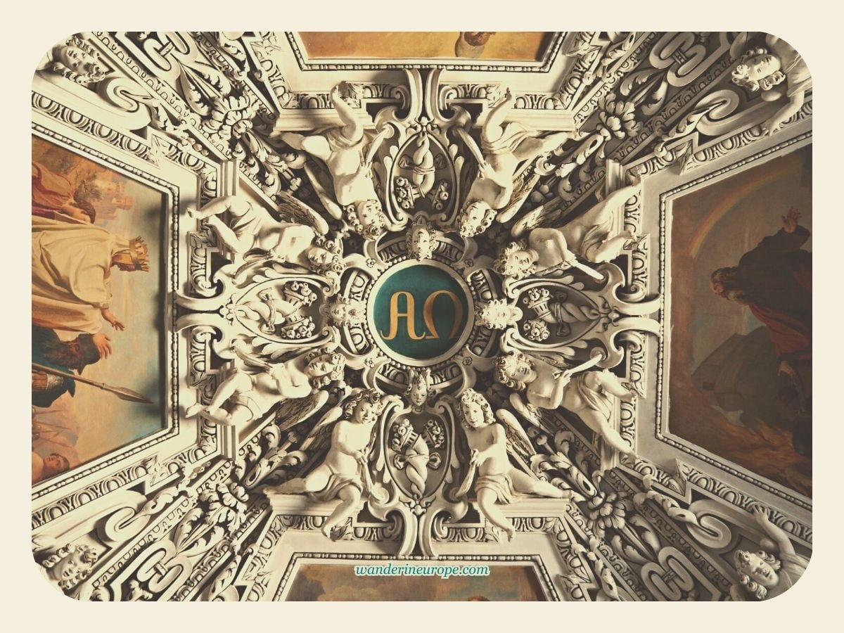 Salzburg Cathedral's zoomed-in shot of its stuccoes with Alpha-Omega sign in the middle, Salzburg, Austria