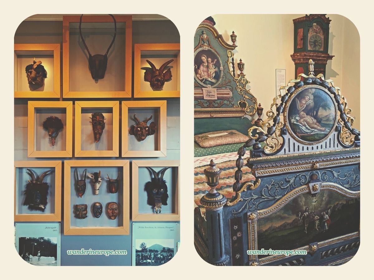 Everything You Need to Know About Visiting Hellbrunn Palace 94 Strange masks and beautiful bed from Salzburg exhibited in Little Month Palace in Hellbrunn Palace, Salzburg, Austria