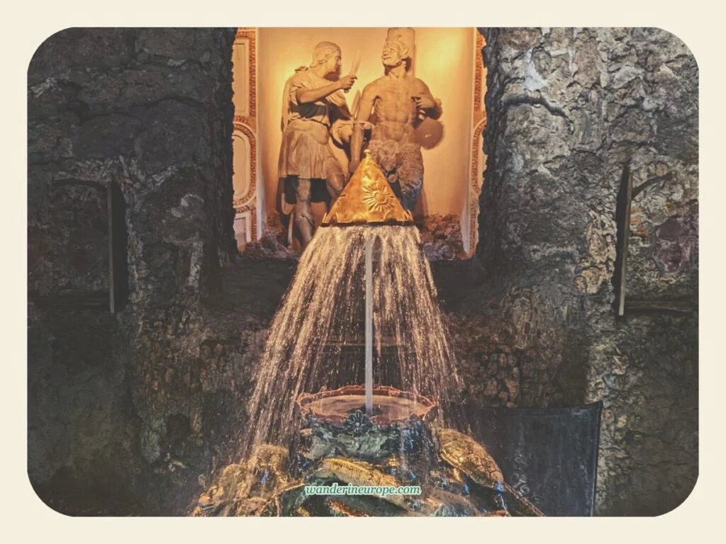 The brass crown inside the Crown Grotto of Hellbrunn Palace, Salzburg, Austria