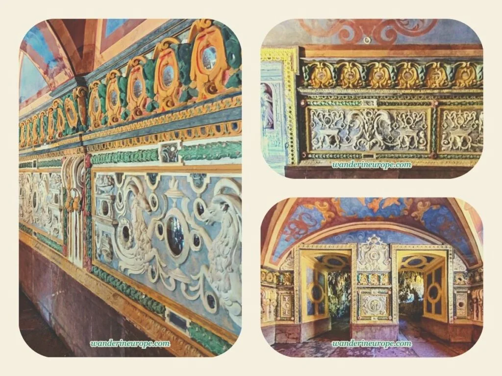 The colorful walls of the Mirror Grotto with concave and convex mirrors in Hellbrunn Palace, Salzburg, Austria