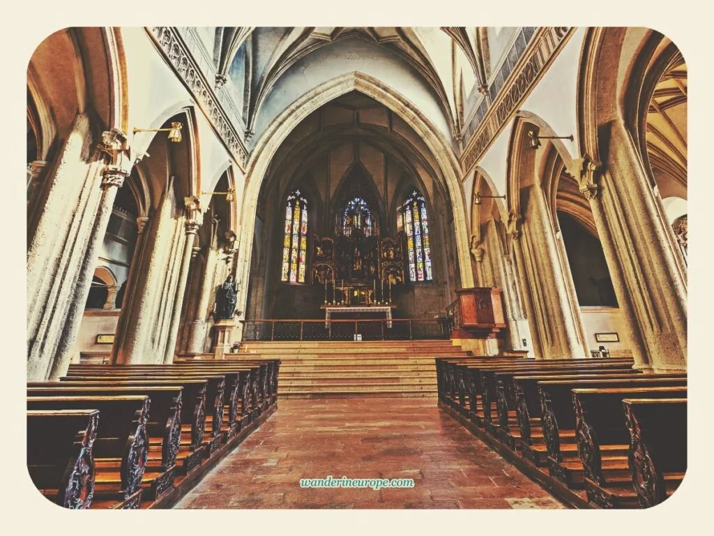 The interior of Nonnberg Abbey Church facing the altar, Salzburg, Austria
