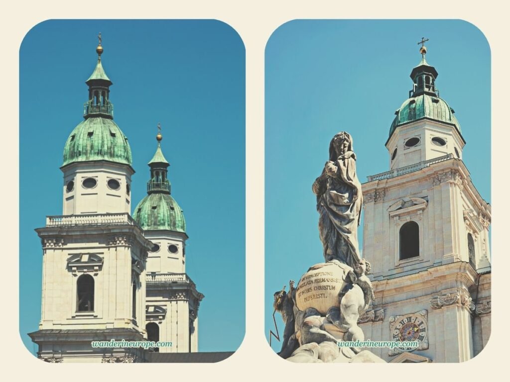 A Complete Guide to Salzburg Cathedral (Facts, Info & Tips) 7 The spires of Salzburg Cathedral and the statue on top of Mariensäule in Old Town Salzburg, Austria