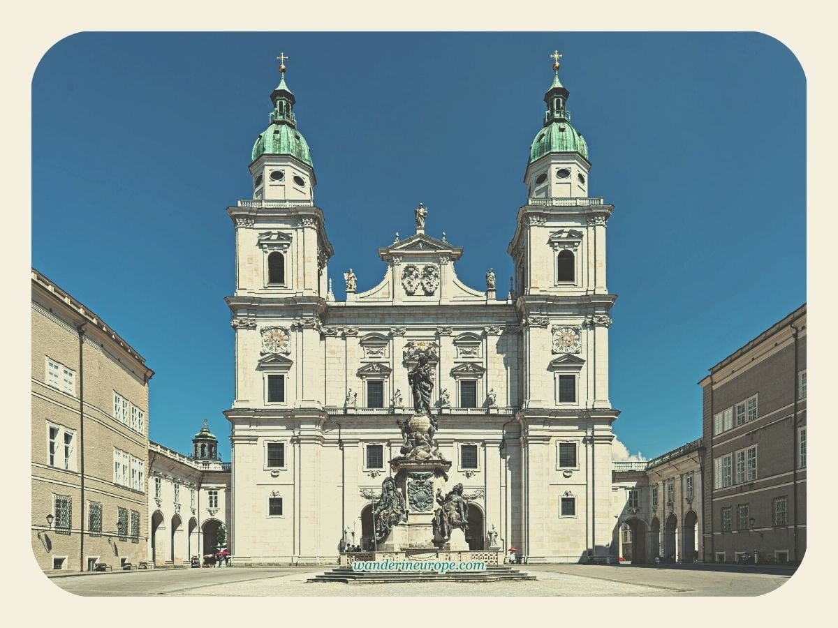 The whole facade of Salzburg Cathedral from Domplatz, Old Town Salzburg, Austria