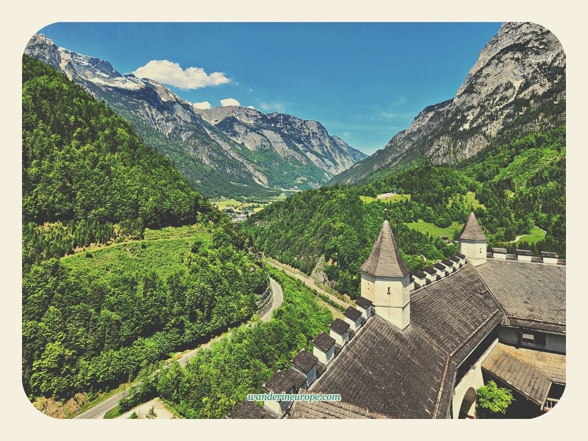 Salzburg 38 View of the mountains from Hohenwerfen Fortress’ belfry or courtyard, Werfen, Salzburg, Austria