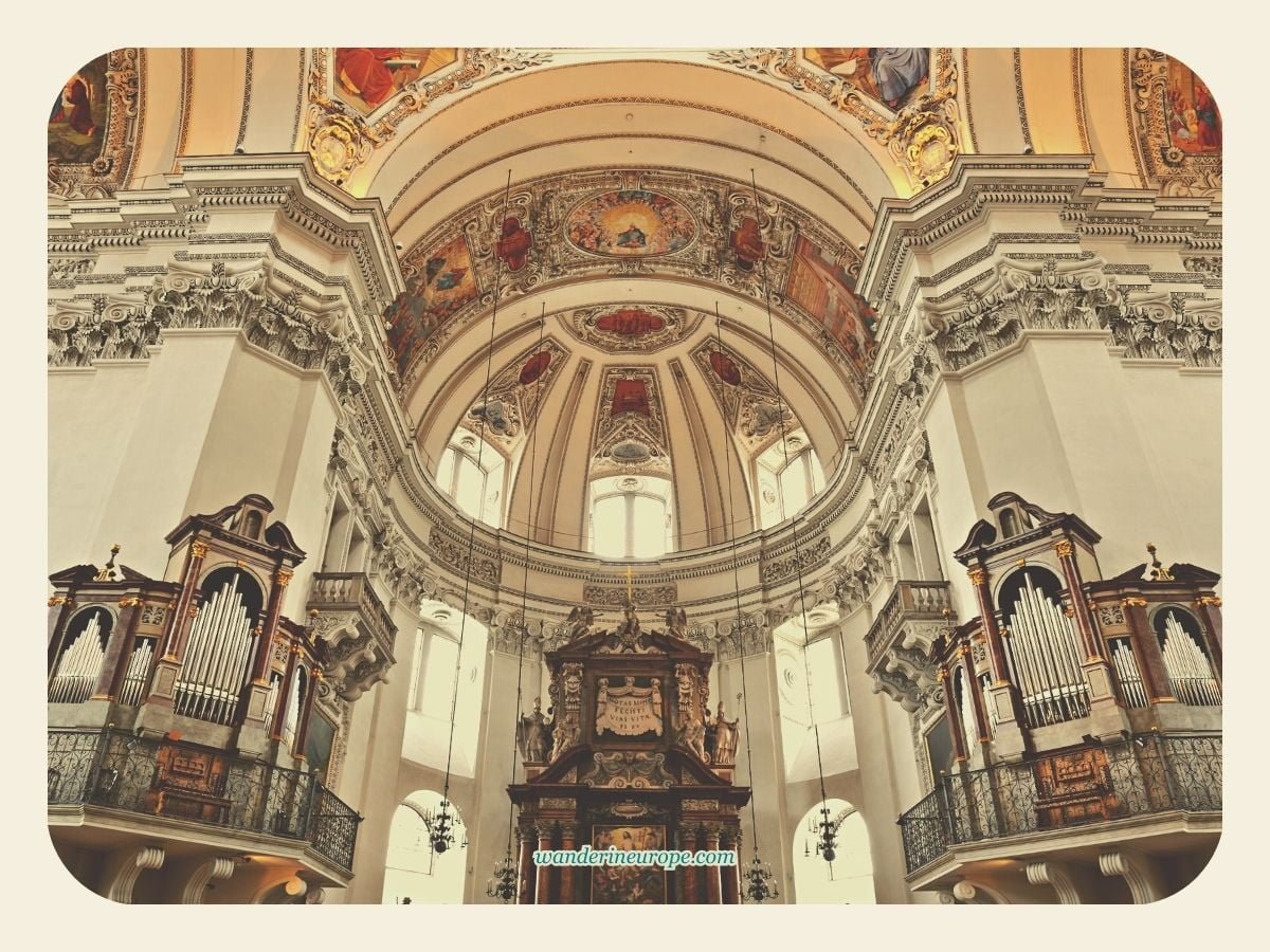 View of the organs from the domed space of Salzburg Cathedral, Salzburg, Austria