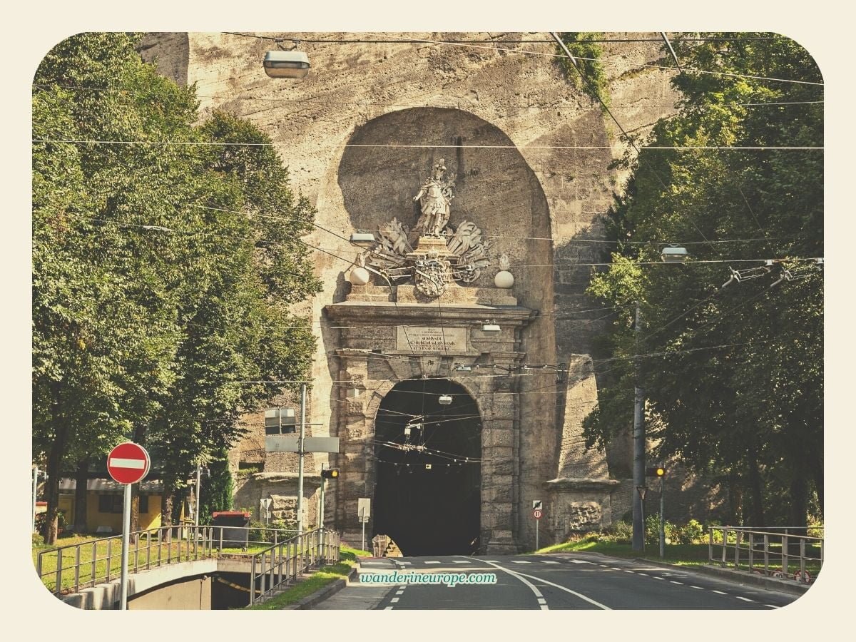 Salzburg 42 Western facade of Sigmundstor outside Old Town, Mönchsberg, Salzburg, Austria