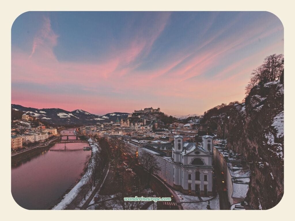 A Guide to Mönchsberg, Salzburg (Going There & Things to Do) 11 Winter golden hour of Salzburg from Humboldt Terrace in Mönchsberg, Salzburg, Austria