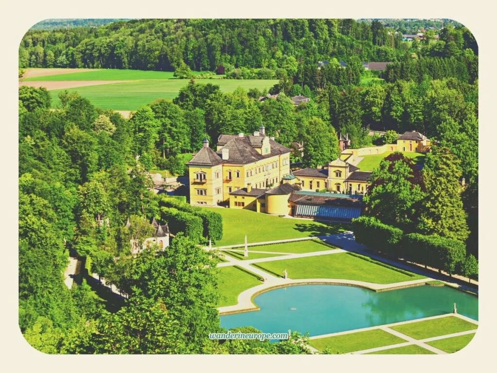 Zoomed-in shot of Hellbrunn Palace Gardens from the hill where Little Month Palace is located, Salzburg, Austria