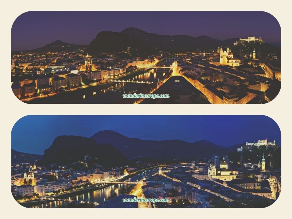 Dusk and night view of the city from Monchsberg, Salzburg, Austria
