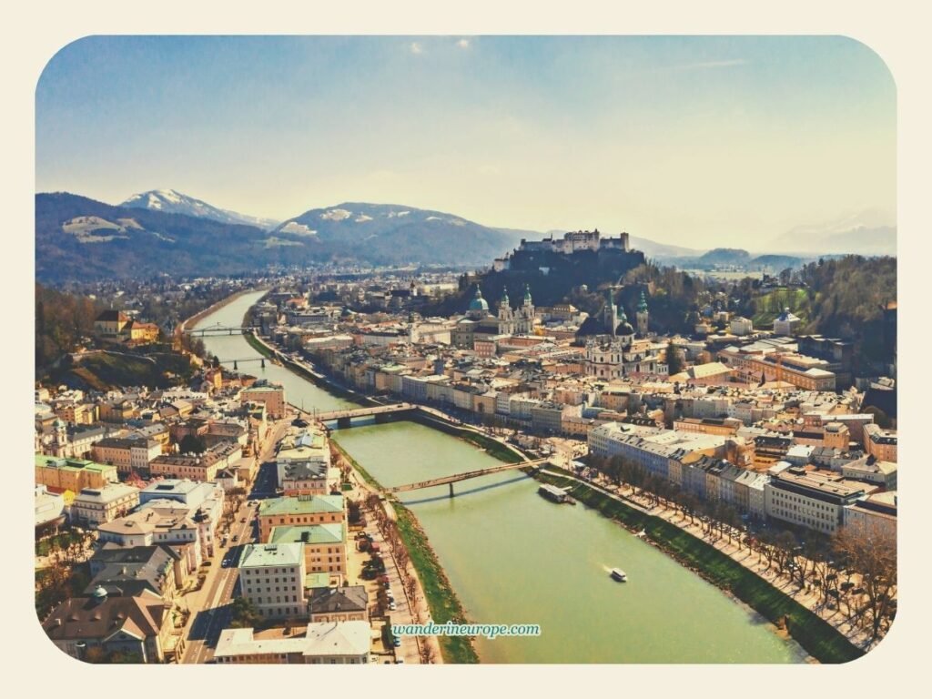 Seven Beautiful Things That I Discovered in Salzburg 11 First part - Drone shot of Salzburg showing the location Salzach River, Old Town, and Monchsberg, Salzburg, Austria