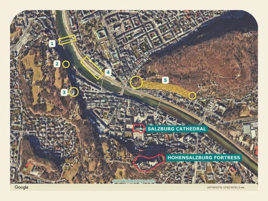 Map of Salzburg, Austria showing the sunrise or sunset spots in the city