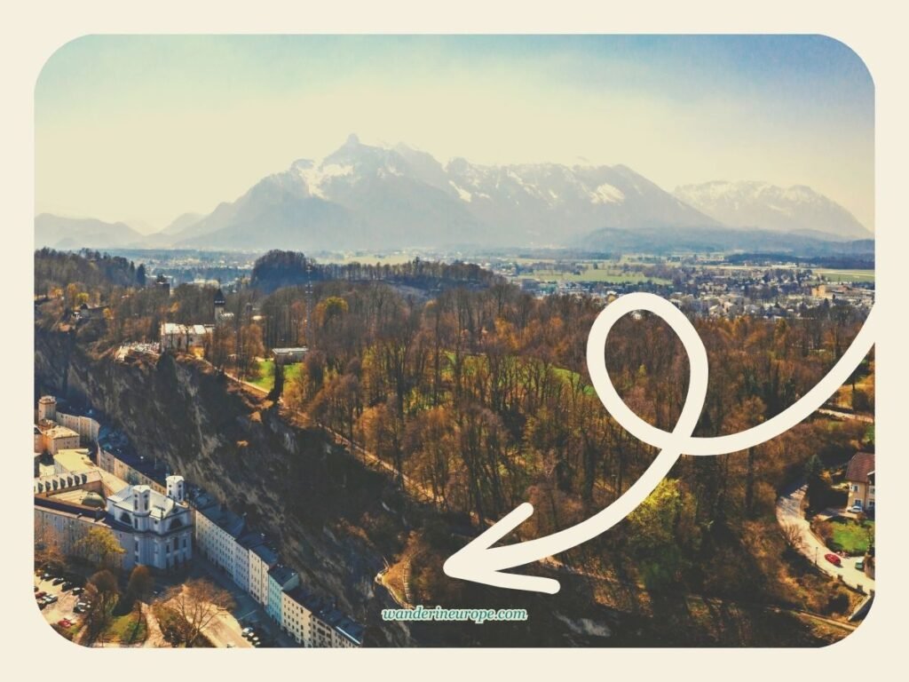 Seven Beautiful Things That I Discovered in Salzburg 12 Second part - Drone shot of Salzburg showing the location of the viewpoint of Old Town or Humboldt Terrace in Monchsberg, Salzburg, Austria