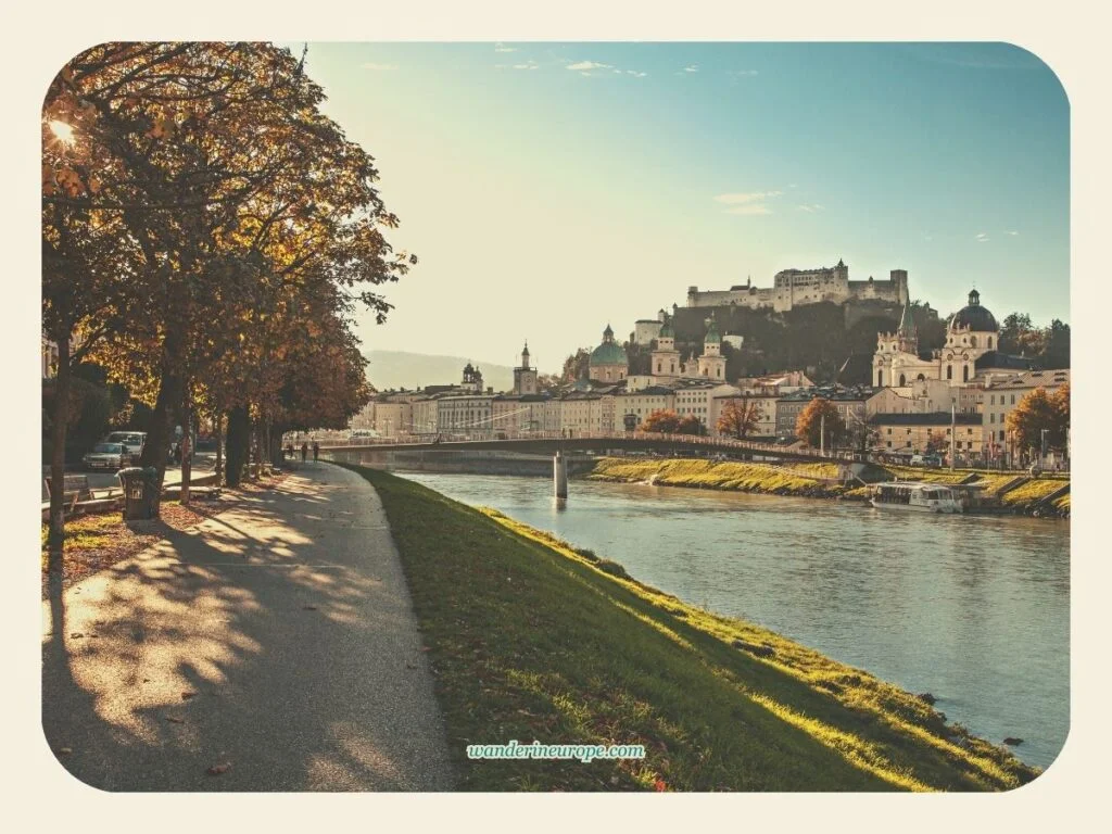 Sunrise scene of Old Town Salzburg from the waterfront promenade Elisabethkai, Salzburg, Austria
