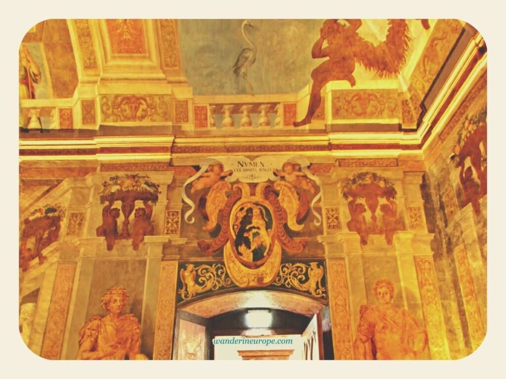 Seven Beautiful Things That I Discovered in Salzburg 30 The symbol of Markus Sittikus and other artworks inside the ceremonial hall of Hellbrunn Palace, beautiful places in Salzburg, Austria