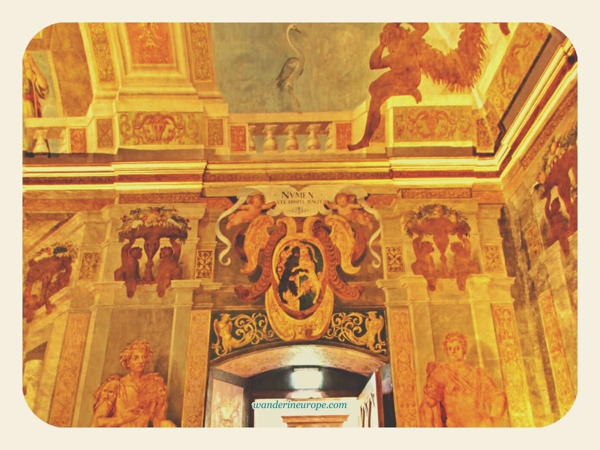 Salzburg 35 The symbol of Markus Sittikus and other artworks inside the ceremonial hall of Hellbrunn Palace, beautiful places in Salzburg, Austria