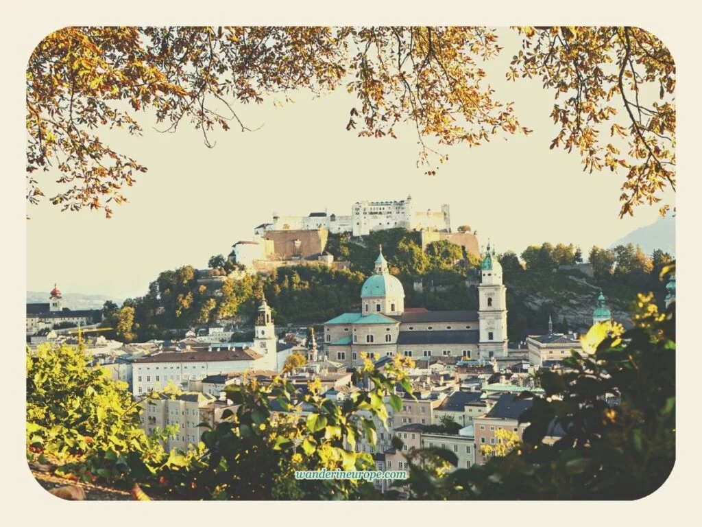 View of Hohensalzburg Fortress from Basteiweg in Kapuzinerberg, Salzburg, Austria