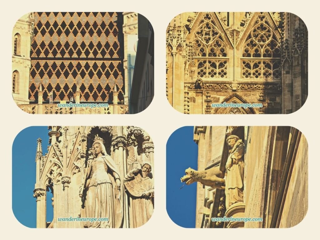 A Guide to Visiting Stephansdom, Vienna (What to Do & Tips) 11 Incredible details (tiled-roof, gothic tracery, statues of saints, and gargoyles) of the architecture of Saint Stephen’s Cathedral, Vienna, Austria