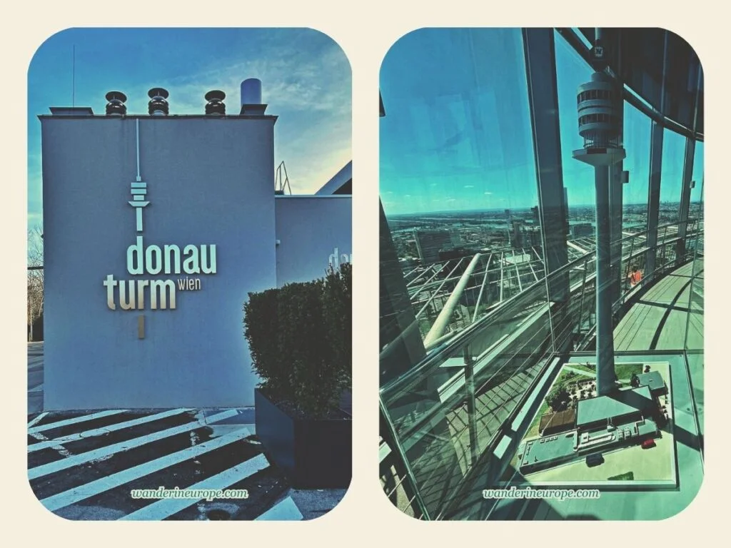 Landmark sign of Danube Tower and its replica, Vienna, Austria