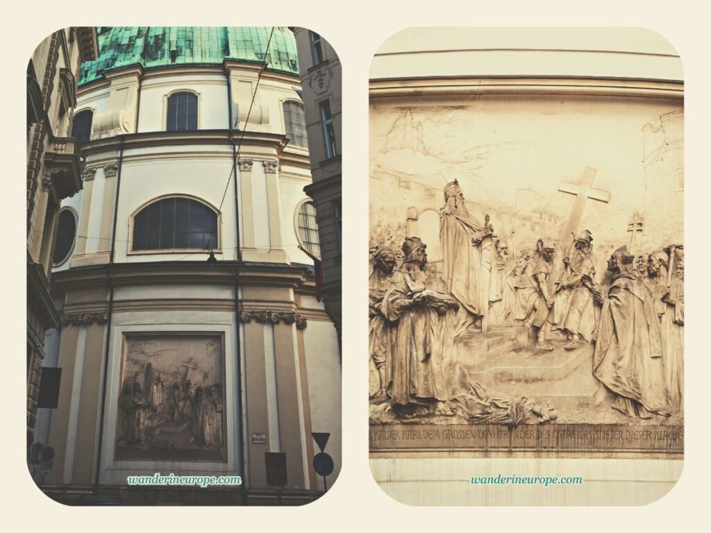 Beautiful Things to See When Visiting Peterskirche in Vienna 4 Relief sculpture outside Peterskirche depicting the consecration of the church by Charlemagne, Vienna, Austria
