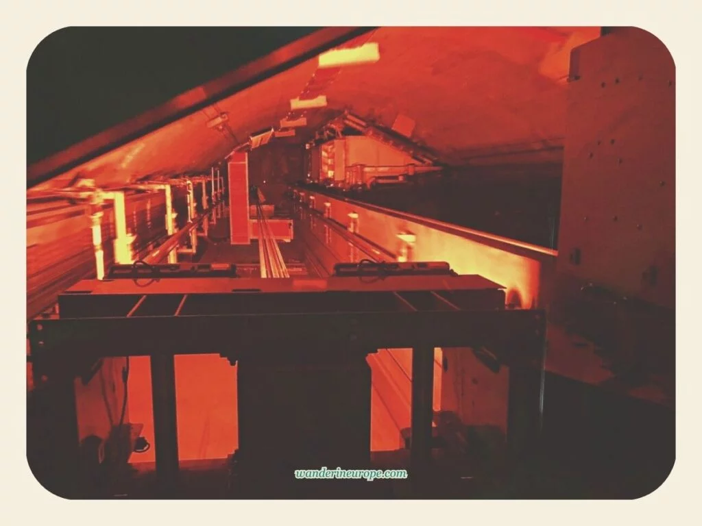 The ceiling view of Danube Tower’s elevator, Vienna, Austria