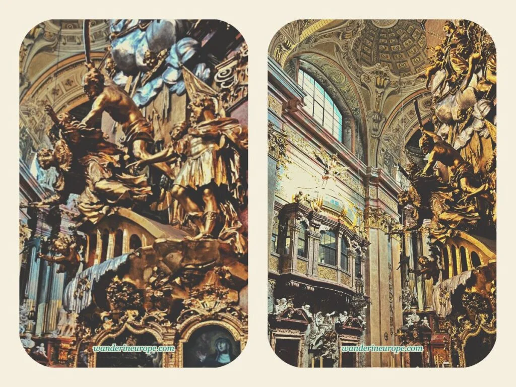 The golden sculpture depicting the martyrdom of Saint John of Nepomuk, size view and zoomed in shot, Vienna, Austria