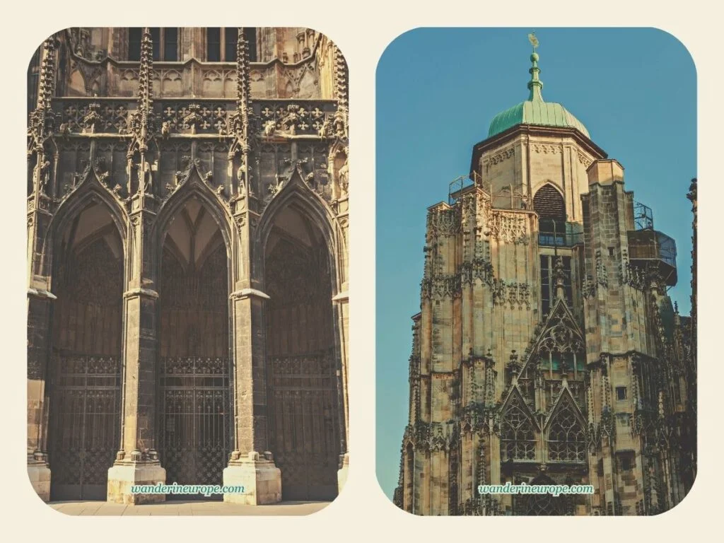 The intricate Gothic portal and the Renaissance cap (water tower top) of the north tower of Saint Stephen's Cathedral, Vienna, Austria